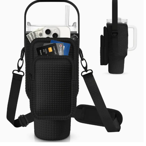 Neoprene Water Bottle Holder with Strap – Embossed Black Sleeve for 40oz Tumblers | Crossbody Carrier with Pocket & Card Slots