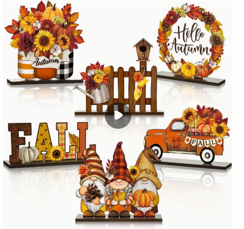 6pc Fall Harvest Wooden Decor Set – Pumpkin Truck, Gnomes, Flowers, Fence, Wreath & “FALL” Sign – Rustic Autumn Thanksgiving Display