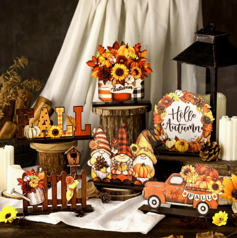 6pc Fall Harvest Wooden Decor Set – Pumpkin Truck, Gnomes, Flowers, Fence, Wreath & “FALL” Sign – Rustic Autumn Thanksgiving Display