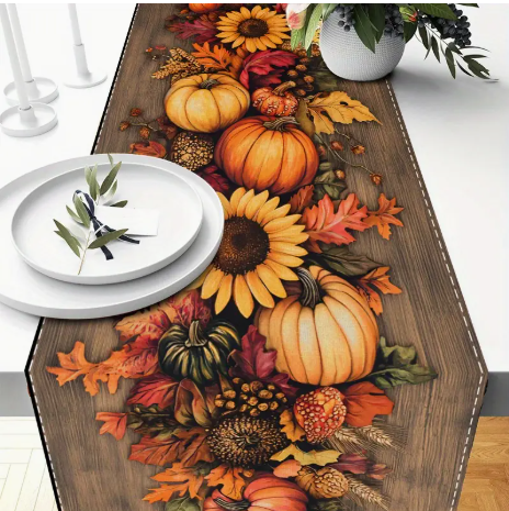 🧡 Vintage Warm Brown Autumn Table Runner with Pumpkins & Sunflowers