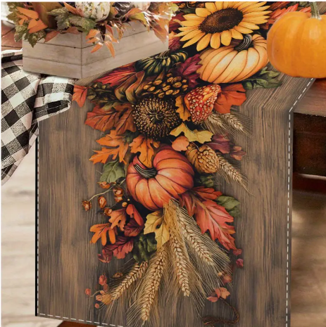 🧡 Vintage Warm Brown Autumn Table Runner with Pumpkins & Sunflowers