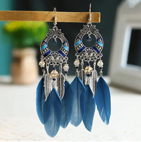 Boho Red Feather Tassel Earrings – Vintage Statement Dangle Hooks
