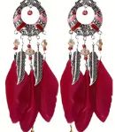 Boho Red Feather Tassel Earrings – Vintage Statement Dangle Hooks