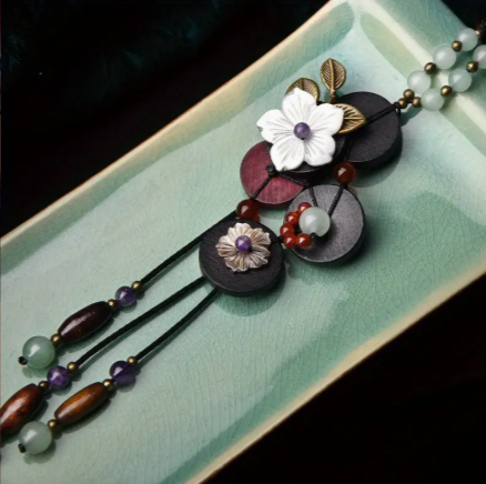 Bohemian Floral Long Necklace – Vintage Wooden Beads & Natural Crystal Accents, Handcrafted Boho Jewelry for Women