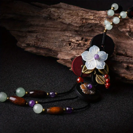 Bohemian Floral Long Necklace – Vintage Wooden Beads & Natural Crystal Accents, Handcrafted Boho Jewelry for Women