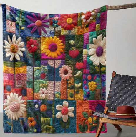 Colorful Patchwork Floral Flannel Blanket – Soft 51x59 Throw with Textured Quilt-Style Print for Couch, Bed & Gift Giving