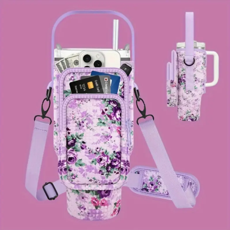 🌸 Adjustable Floral Neoprene Water Bottle Holder with Phone Pocket – Fits 30oz & 40oz Tumblers