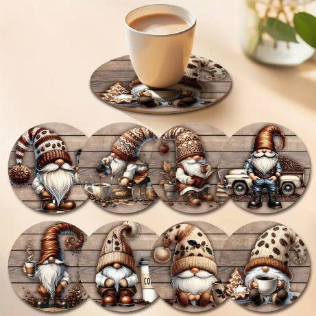 8-Piece Festive Gnome Wooden Coaster Set – Round Hand-Washable Cup Mats for Coffee & Holiday Decor | Rustic Home Accent