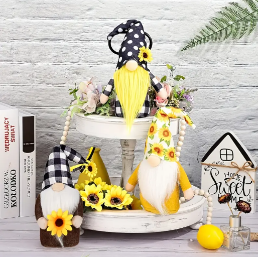 3-Piece Summer Gnome Décor Set – Sunflower & Buffalo Plaid Plush Gnomes | Tiered Tray, Kitchen, and Garden Display