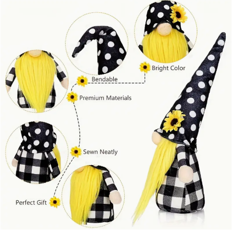 3-Piece Summer Gnome Décor Set – Sunflower & Buffalo Plaid Plush Gnomes | Tiered Tray, Kitchen, and Garden Display