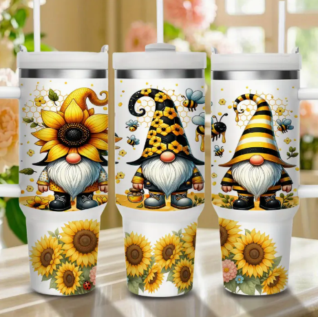 40oz Gnome Sunflower Bee Tumbler – Double-Wall Insulated Stainless Steel Mug with Handle & Straw