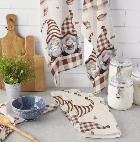 2-Piece Retro Coffee Gnome Kitchen Towels – Super-Absorbent 18x26 Polyester Dish Towels | Fun Farmhouse Coffee Bar Decor