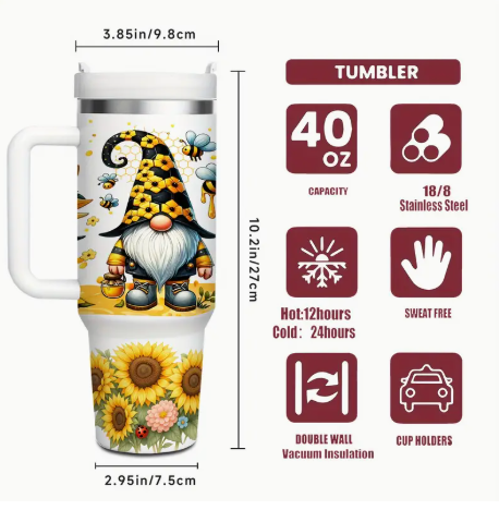 40oz Gnome Sunflower Bee Tumbler – Double-Wall Insulated Stainless Steel Mug with Handle & Straw