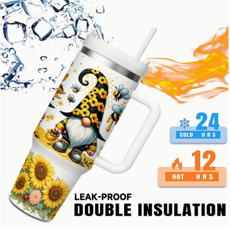 40oz Gnome Sunflower Bee Tumbler – Double-Wall Insulated Stainless Steel Mug with Handle & Straw