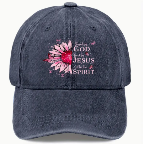 🧢 Blessed by God Pink Sunflower Baseball Cap – Washed Black Vintage Faith Hat