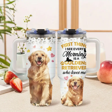 Golden Retriever 40oz Stainless Steel Insulated Tumbler with Handle, Straw & Lid – Dog Lover Gift Travel Mug