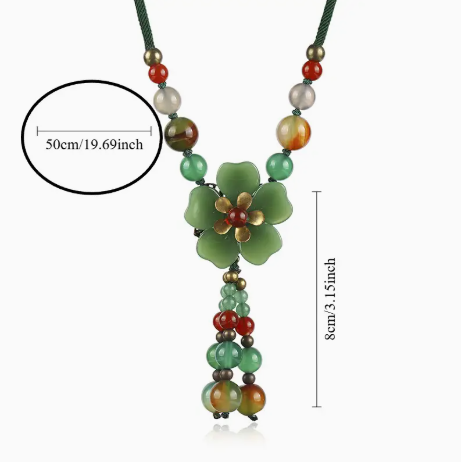Adjustable Agate Beaded Necklace with Green Flower Pendant – Ethnic-Inspired, Jade & Alloy Accents | Elegant Everyday or Vacation Jewelry