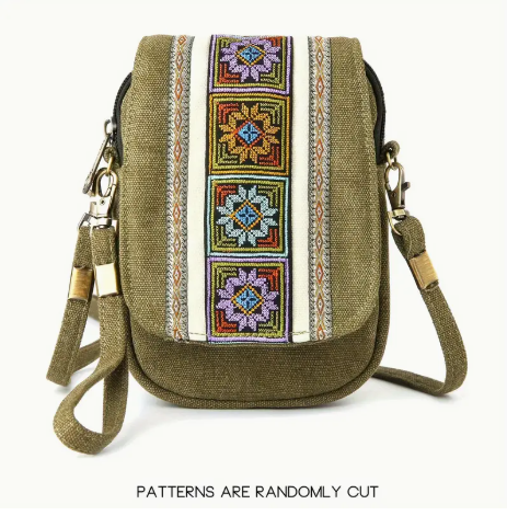 Vintage Embroidered Crossbody Bag – Lightweight Canvas Shoulder Bag with Adjustable Strap, Pockets, and Boho Ethnic Design