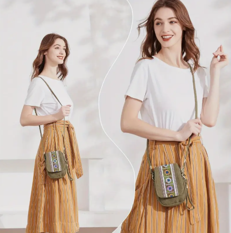 Vintage Embroidered Crossbody Bag – Lightweight Canvas Shoulder Bag with Adjustable Strap, Pockets, and Boho Ethnic Design