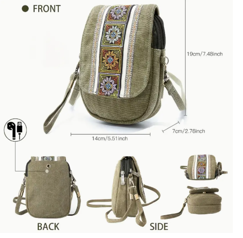 Vintage Embroidered Crossbody Bag – Lightweight Canvas Shoulder Bag with Adjustable Strap, Pockets, and Boho Ethnic Design