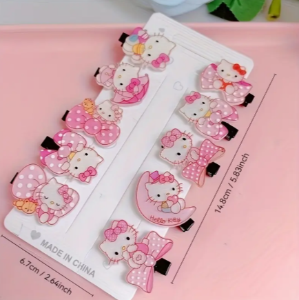 10pcs Licensed Hello Kitty Cartoon Hairpin Set – Cute Pink Acrylic Hair Clips for Girls