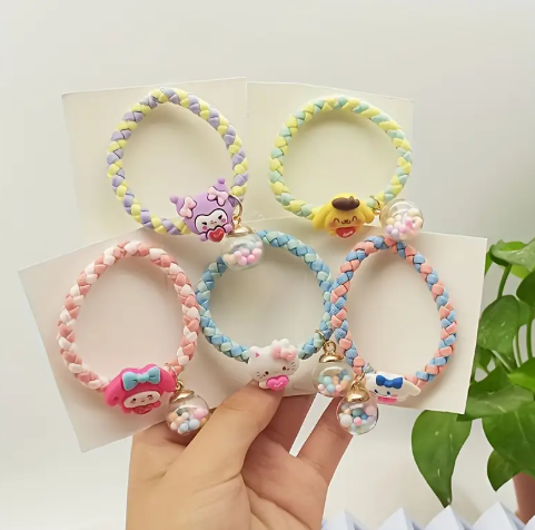 Sanrio 5pc Kawaii Character Hair Tie Set – Hello Kitty, My Melody, Cinnamoroll & Friends with Glass Ball Charm