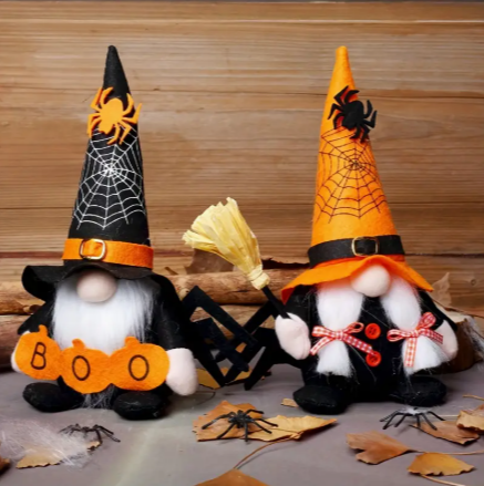 🕷️ 2pcs Halloween Spider Boo Gnome Figurine Set – Spooky Cute Indoor Party Decor (Black & Orange)