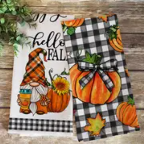 2PCS Hello Autumn Gnome Pumpkin Kitchen Dish Towels – Buffalo Check & Sunflower Fall Decor Set | Thanksgiving Hand Towels | 16x24 Inches | Rustic Seasonal Kitchen Towels