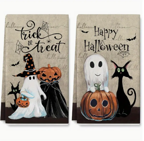 Halloween Ghost & Cat Kitchen Towels – 2pc Set (18x26in) | Gift-Ready with Ribbon Wrap – Spooky Cute Seasonal Decor