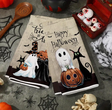 Halloween Ghost & Cat Kitchen Towels – 2pc Set (18x26in) | Gift-Ready with Ribbon Wrap – Spooky Cute Seasonal Decor