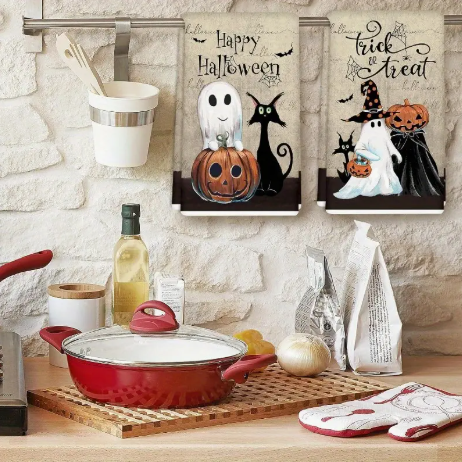 Halloween Ghost & Cat Kitchen Towels – 2pc Set (18x26in) | Gift-Ready with Ribbon Wrap – Spooky Cute Seasonal Decor
