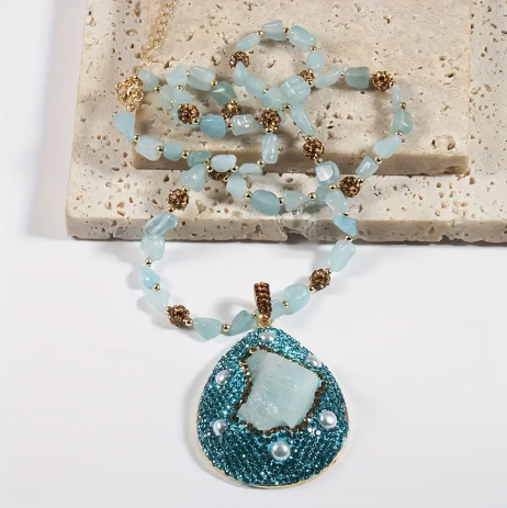 Handcrafted Aquamarine Pendant Necklace – Natural Stone Teardrop with Teal Beading & Gold Accents