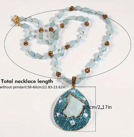 Handcrafted Aquamarine Pendant Necklace – Natural Stone Teardrop with Teal Beading & Gold Accents