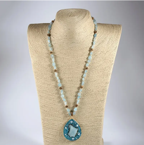 Handcrafted Aquamarine Pendant Necklace – Natural Stone Teardrop with Teal Beading & Gold Accents