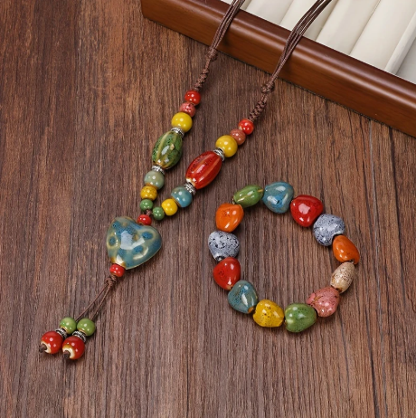 2-Piece Heart Necklace & Bracelet Set – Colorful Ceramic Jewelry Gift for Women