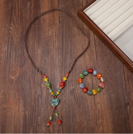 2-Piece Heart Necklace & Bracelet Set – Colorful Ceramic Jewelry Gift for Women