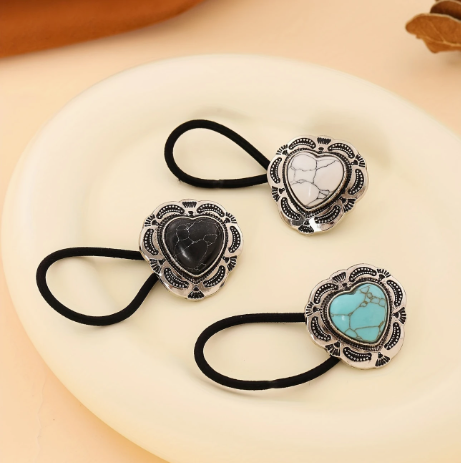3-Piece Western Style Hair Ties – Vintage Turquoise Heart & Agate Silvery Zinc Alloy Ponytail Holders