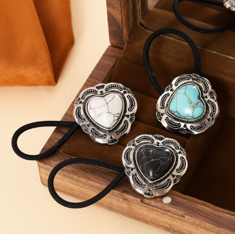 3-Piece Western Style Hair Ties – Vintage Turquoise Heart & Agate Silvery Zinc Alloy Ponytail Holders