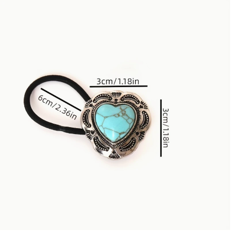 3-Piece Western Style Hair Ties – Vintage Turquoise Heart & Agate Silvery Zinc Alloy Ponytail Holders