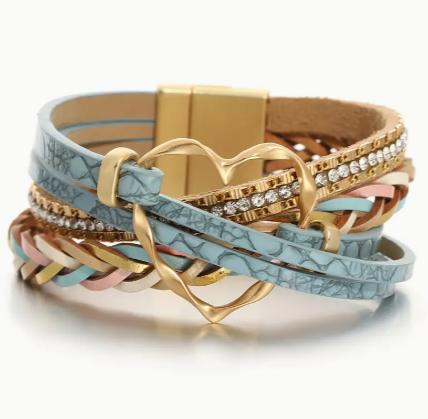 Boho Multi-Layer Vegan Leather Heart Bracelet – Gold Clasp, Rhinestones, Braided Charm Wristband