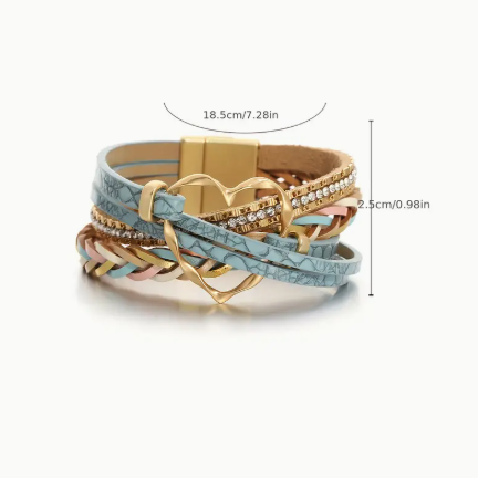 Boho Multi-Layer Vegan Leather Heart Bracelet – Gold Clasp, Rhinestones, Braided Charm Wristband
