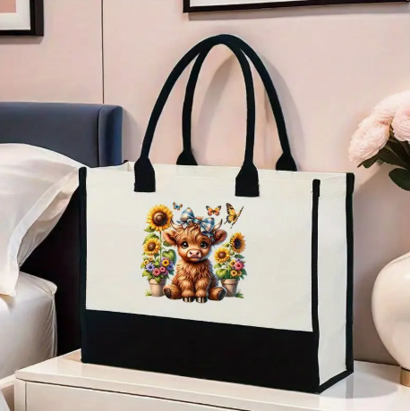 Exclusive 882 Cow with Sunflower Print Tote Bag: