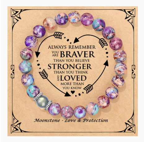 Inspirational Moonstone & Rhinestone Stretch Bracelet – “Braver, Stronger, Loved” Gift with Quote Card