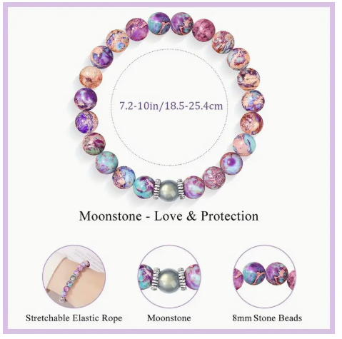 Inspirational Moonstone & Rhinestone Stretch Bracelet – “Braver, Stronger, Loved” Gift with Quote Card