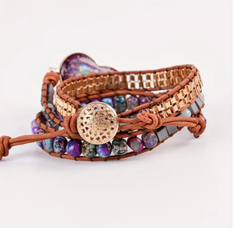 Vintage Jasper Natural Stone Braided Leather Bracelet