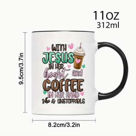 11oz “With Jesus in Her Heart and Coffee in Her Hand” Ceramic Mug – Faith & Coffee Quote Cup, Christian Gift for Women, Inspirational Morning Mug