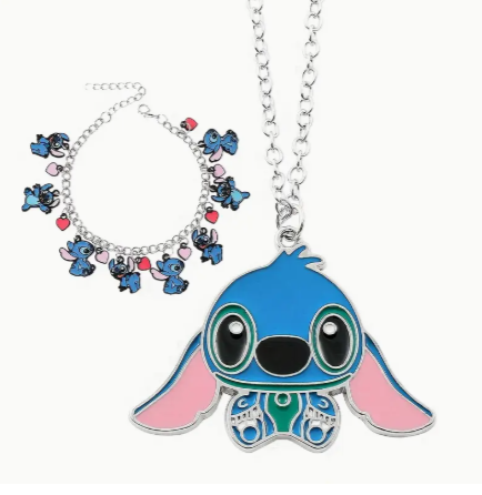 🧵 Adorable Stitch Charm Necklace & Bracelet Set – Colorful Cartoon Jewelry Combo for Fans