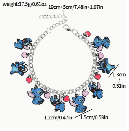 🧵 Adorable Stitch Charm Necklace & Bracelet Set – Colorful Cartoon Jewelry Combo for Fans