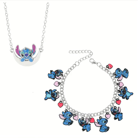 🧸 Stitch Charm Jewelry Set – 2-Piece Cartoon Necklace & Bracelet with Hearts | Cute Disney-Inspired Gift for Kids & Fans