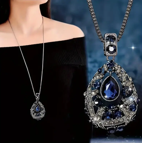 Elegant Long Titanium Steel Teardrop Necklace with Blue Rhinestones | Statement Sweater Pendant for Women